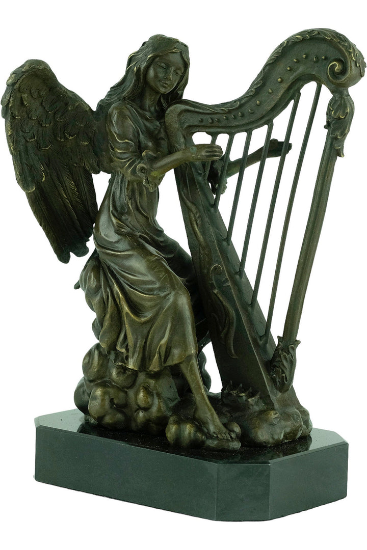 Bronze Sculpture of an Angel Playing the Harp Bronze Mythology Statue Winged Angel Sculpture Harp Lovers Gift Bronze Music Sculpture Harp