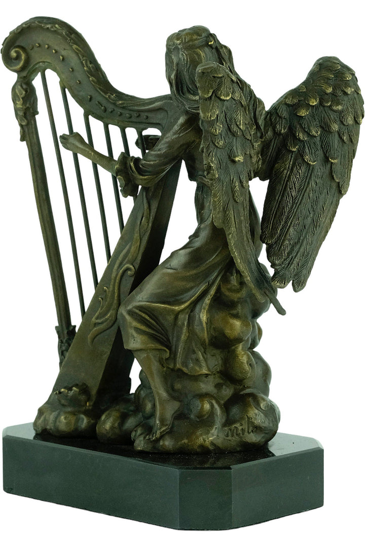 Bronze Sculpture of an Angel Playing the Harp Bronze Mythology Statue Winged Angel Sculpture Harp Lovers Gift Bronze Music Sculpture Harp