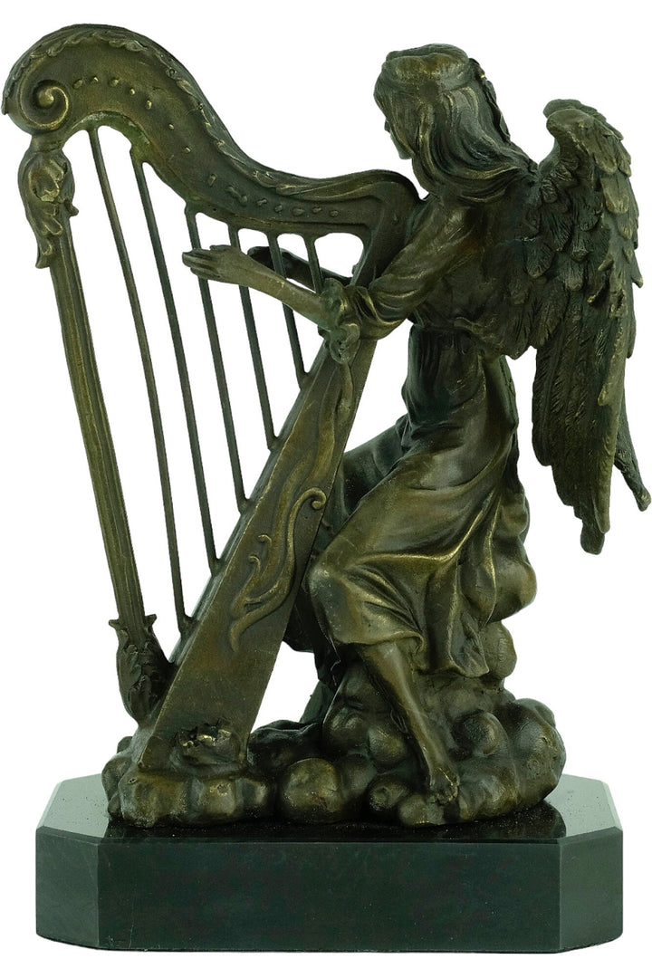 Bronze Sculpture of an Angel Playing the Harp Bronze Mythology Statue Winged Angel Sculpture Harp Lovers Gift Bronze Music Sculpture Harp