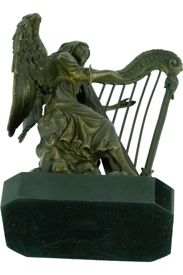 Bronze Sculpture of an Angel Playing the Harp Bronze Mythology Statue Winged Angel Sculpture Harp Lovers Gift Bronze Music Sculpture Harp