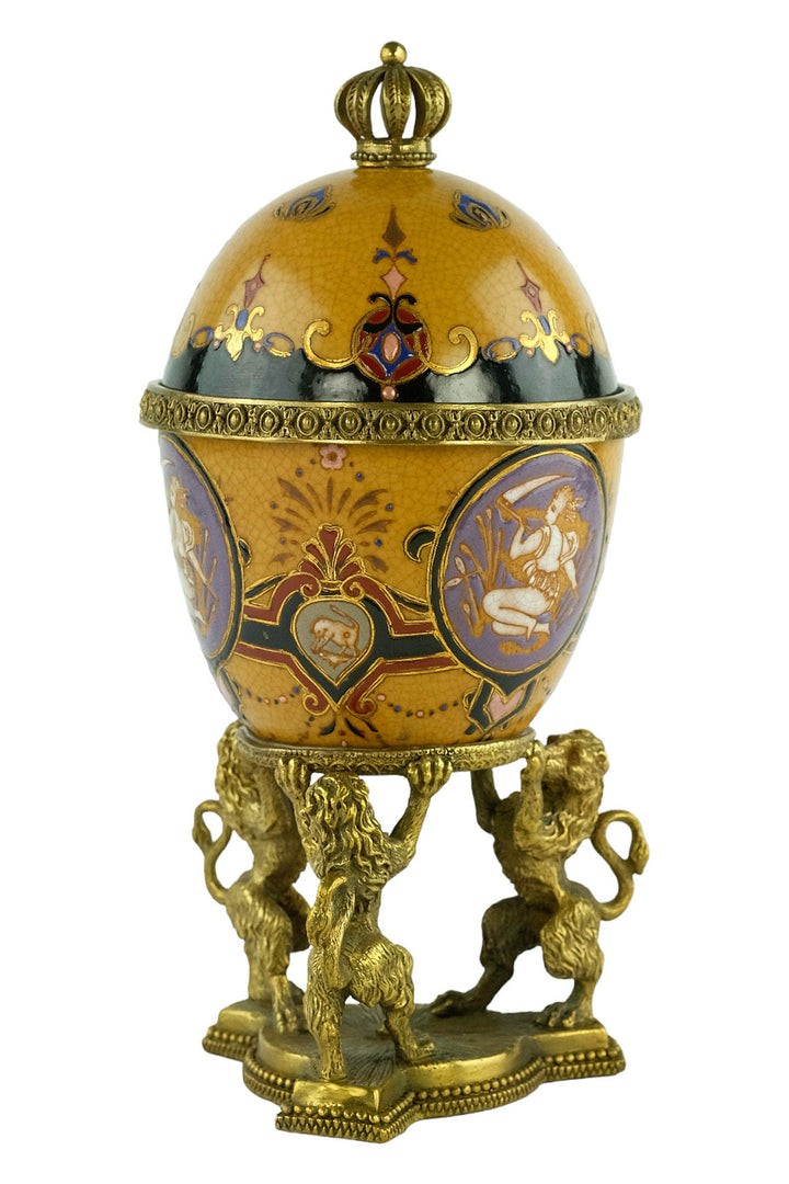 Porcelain Egg Shaped Box Carried by Three Bronze Lions Box with Lid Jewelry Box Porcelain Faberge Egg with Bronze Decoration Art Collectable