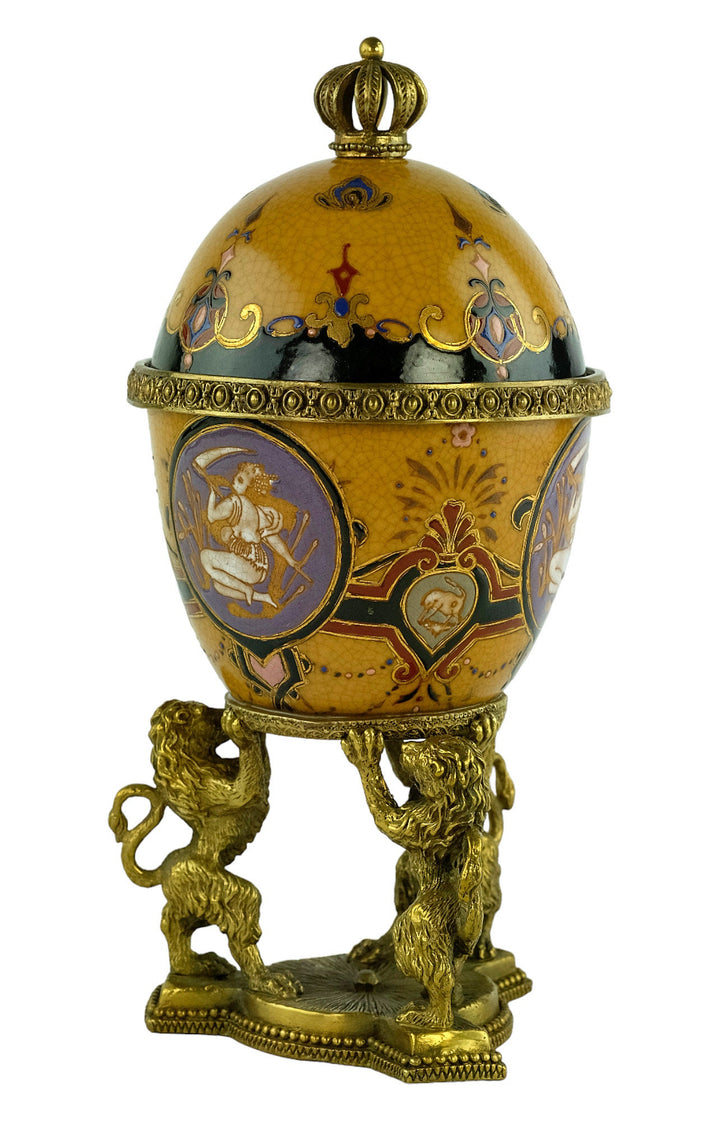 Porcelain Egg Shaped Box Carried by Three Bronze Lions Box with Lid Jewelry Box Porcelain Faberge Egg with Bronze Decoration Art Collectable