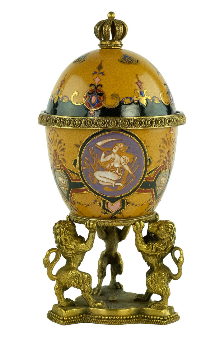 Porcelain Egg Shaped Box Carried by Three Bronze Lions Box with Lid Jewelry Box Porcelain Faberge Egg with Bronze Decoration Art Collectable