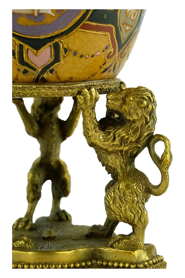 Porcelain Egg Shaped Box Carried by Three Bronze Lions Box with Lid Jewelry Box Porcelain Faberge Egg with Bronze Decoration Art Collectable
