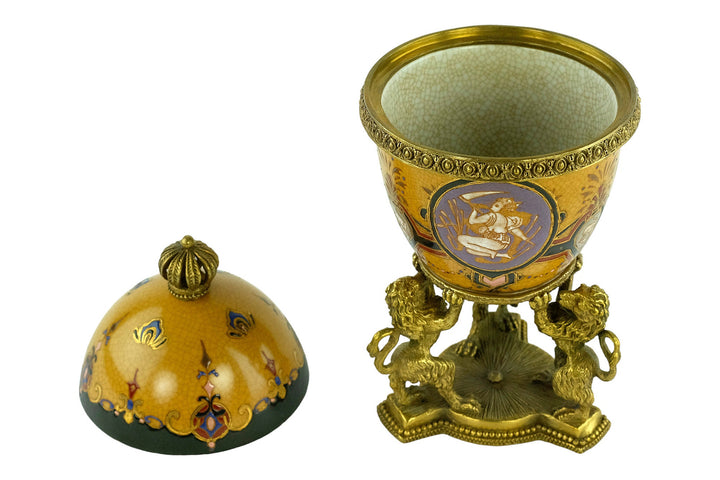 Porcelain Egg Shaped Box Carried by Three Bronze Lions Box with Lid Jewelry Box Porcelain Faberge Egg with Bronze Decoration Art Collectable