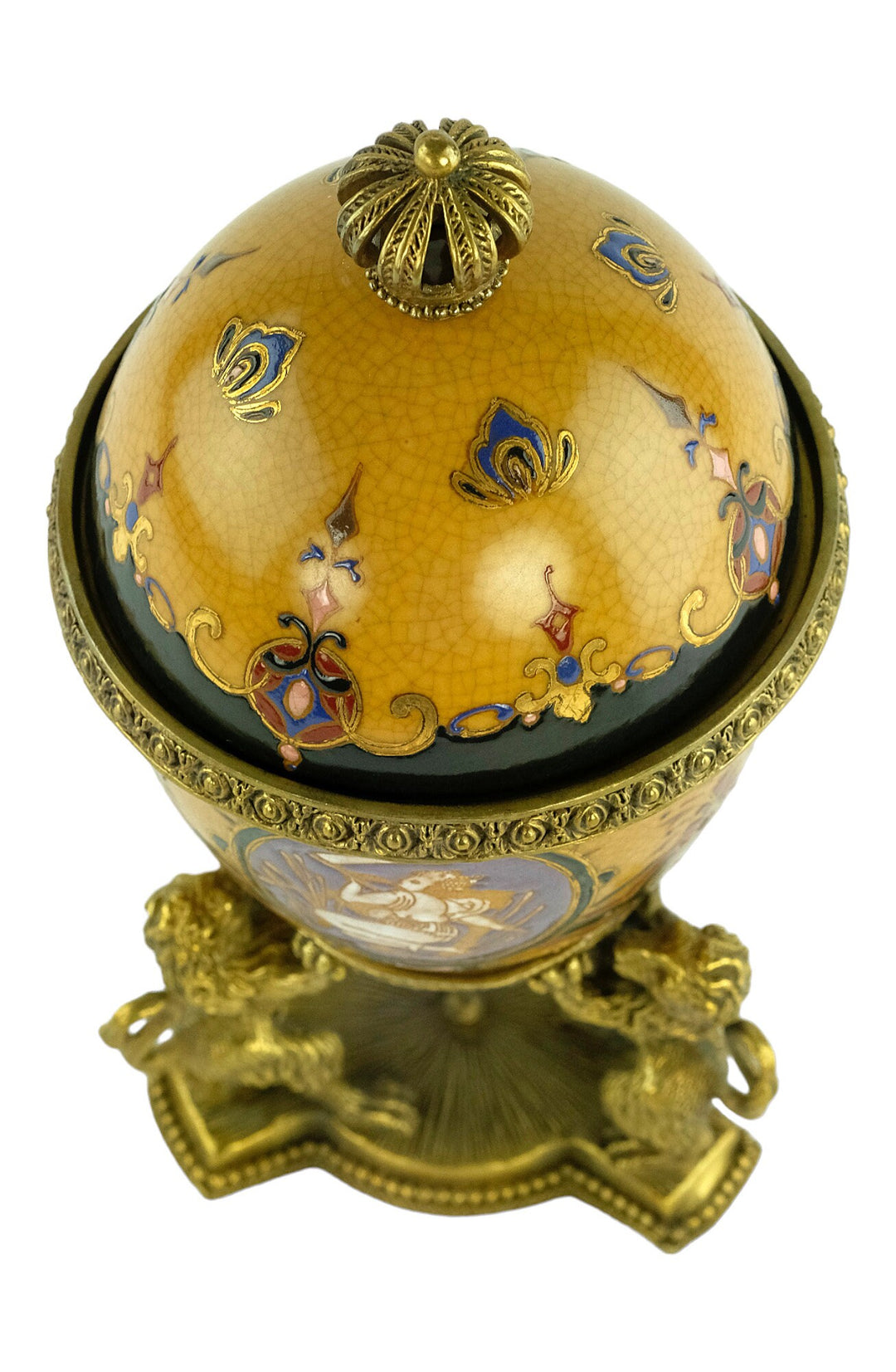 Porcelain Egg Shaped Box Carried by Three Bronze Lions Box with Lid Jewelry Box Porcelain Faberge Egg with Bronze Decoration Art Collectable