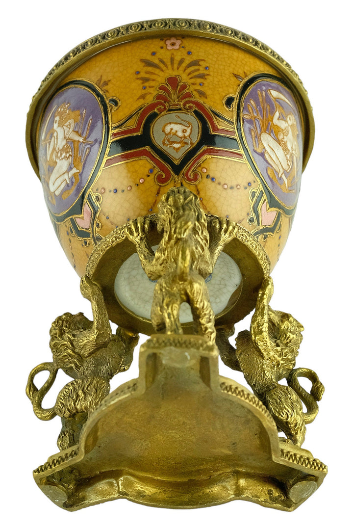 Porcelain Egg Shaped Box Carried by Three Bronze Lions Box with Lid Jewelry Box Porcelain Faberge Egg with Bronze Decoration Art Collectable