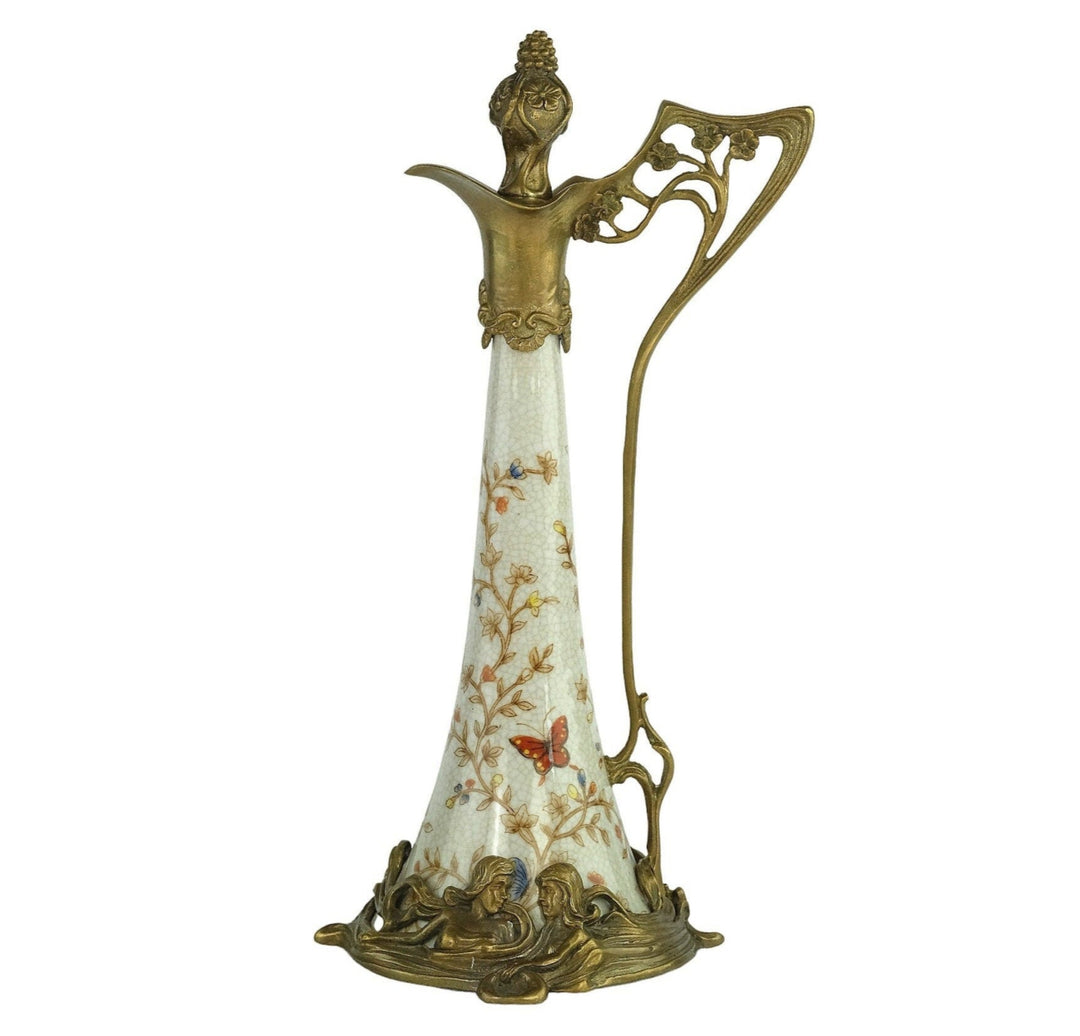 Art Nouveau Style Porcelain Claret Jug with Bronze Female Decoration Jugendstil Wine Jug Collectable Decanter Wine Lovers Gift Butterflies