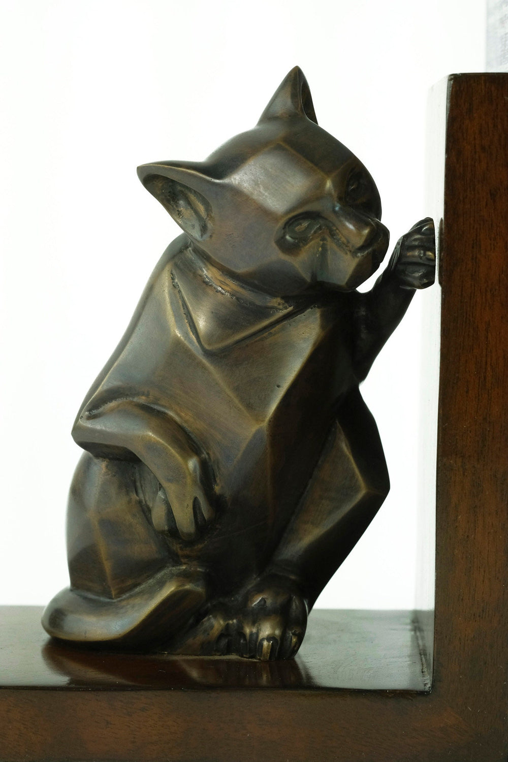 Dog and Cat Bookends in Bronze on Wooden Stands Art Deco Bookends Animal Lovers Gift Cubist Animal Sculpture Bronze Cat Sculpture Dog Statue
