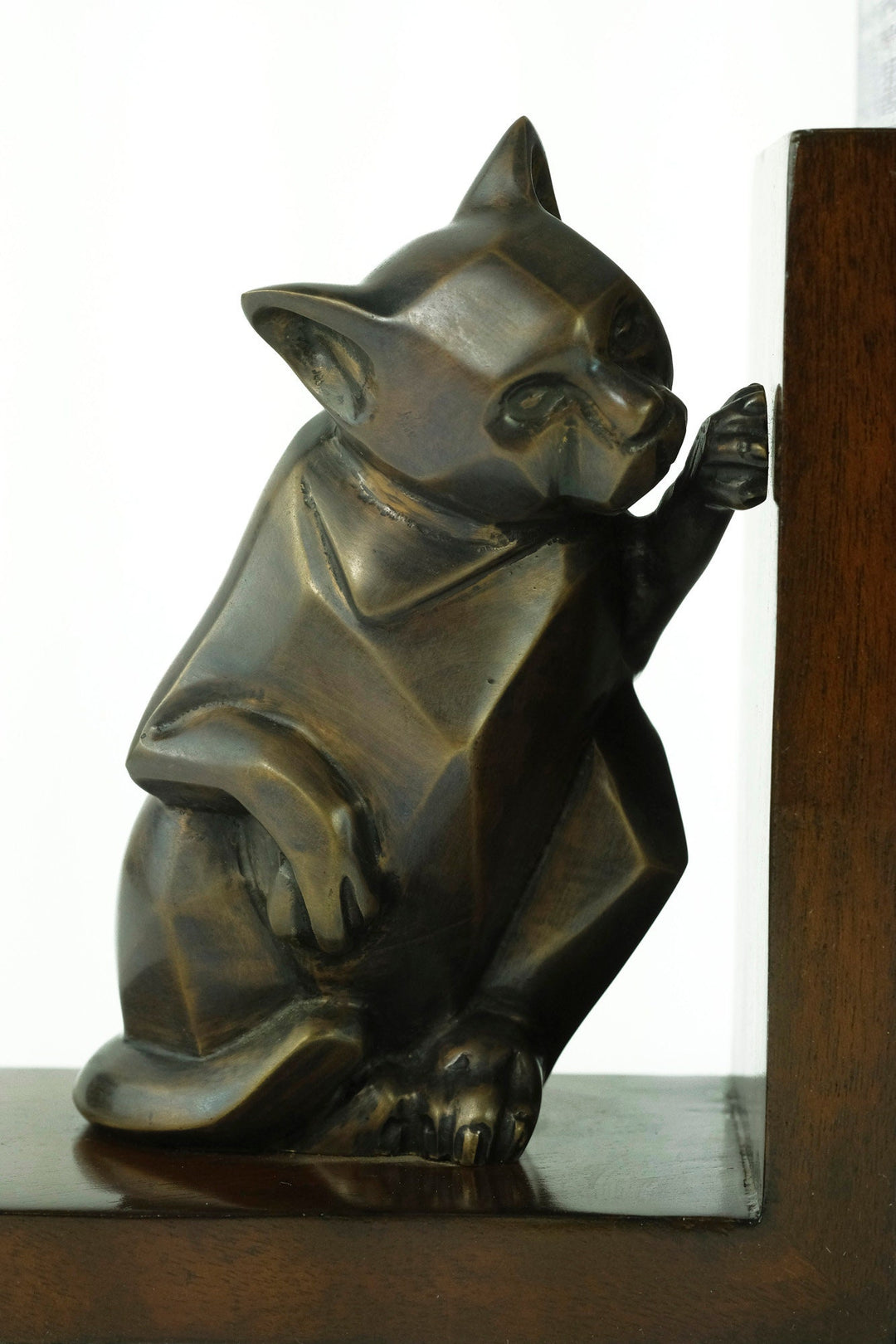 Dog and Cat Bookends in Bronze on Wooden Stands Art Deco Bookends Animal Lovers Gift Cubist Animal Sculpture Bronze Cat Sculpture Dog Statue