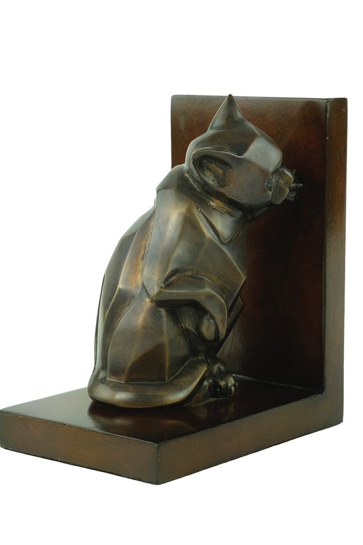 Dog and Cat Bookends in Bronze on Wooden Stands Art Deco Bookends Animal Lovers Gift Cubist Animal Sculpture Bronze Cat Sculpture Dog Statue