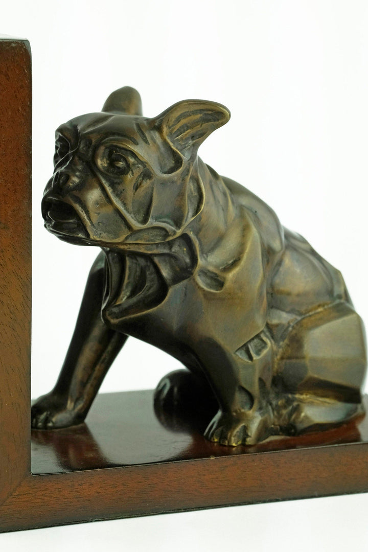 Dog and Cat Bookends in Bronze on Wooden Stands Art Deco Bookends Animal Lovers Gift Cubist Animal Sculpture Bronze Cat Sculpture Dog Statue