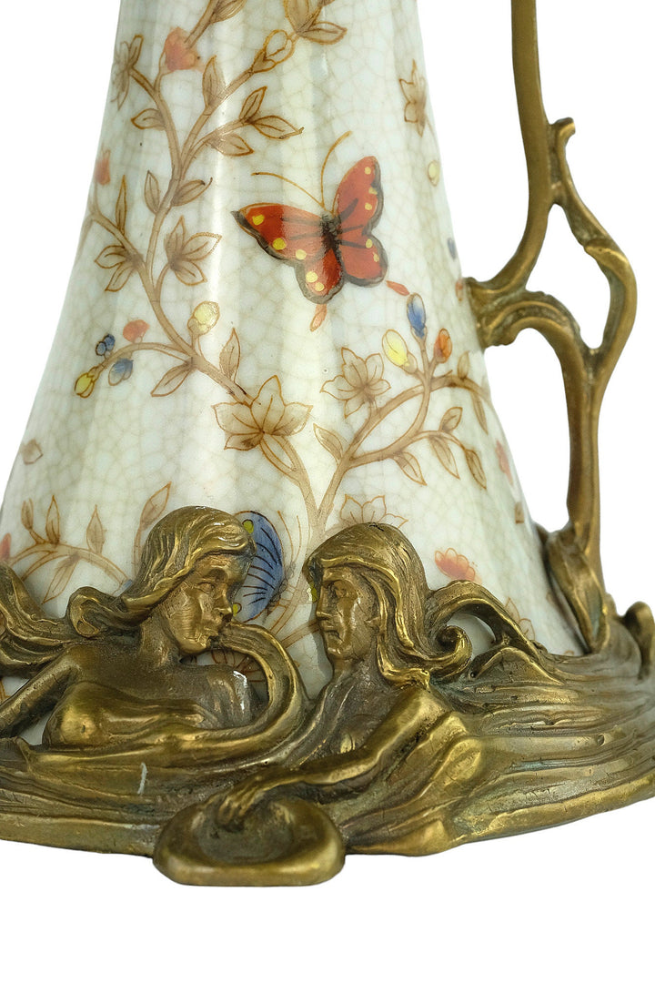Art Nouveau Style Porcelain Claret Jug with Bronze Female Decoration Jugendstil Wine Jug Collectable Decanter Wine Lovers Gift Butterflies