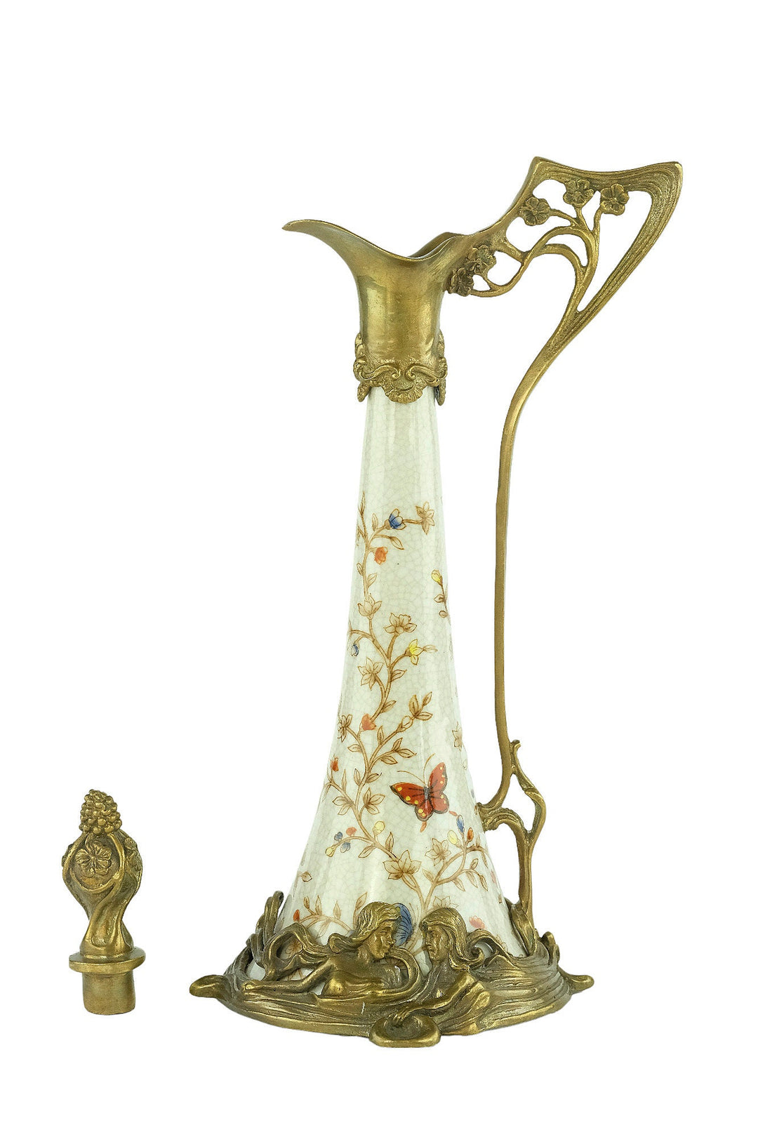 Art Nouveau Style Porcelain Claret Jug with Bronze Female Decoration Jugendstil Wine Jug Collectable Decanter Wine Lovers Gift Butterflies