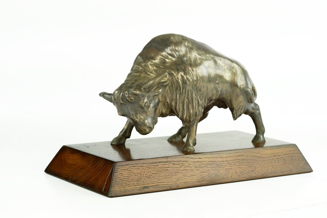 Nickel Plated Bronze Sculpture of a Bison on Wooden Plateau Bronze Bison Statue Art Deco Animal Sculpture Bronze Wildlife Sculpture Hunting
