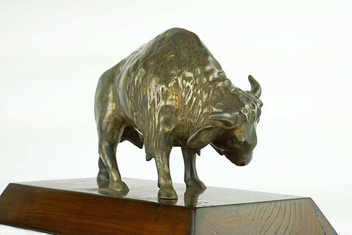 Nickel Plated Bronze Sculpture of a Bison on Wooden Plateau Bronze Bison Statue Art Deco Animal Sculpture Bronze Wildlife Sculpture Hunting