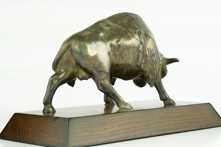 Nickel Plated Bronze Sculpture of a Bison on Wooden Plateau Bronze Bison Statue Art Deco Animal Sculpture Bronze Wildlife Sculpture Hunting