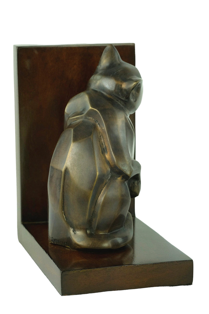 Dog and Cat Bookends in Bronze on Wooden Stands Art Deco Bookends Animal Lovers Gift Cubist Animal Sculpture Bronze Cat Sculpture Dog Statue