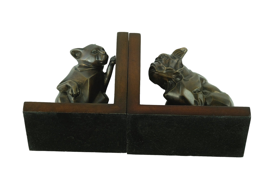 Dog and Cat Bookends in Bronze on Wooden Stands Art Deco Bookends Animal Lovers Gift Cubist Animal Sculpture Bronze Cat Sculpture Dog Statue