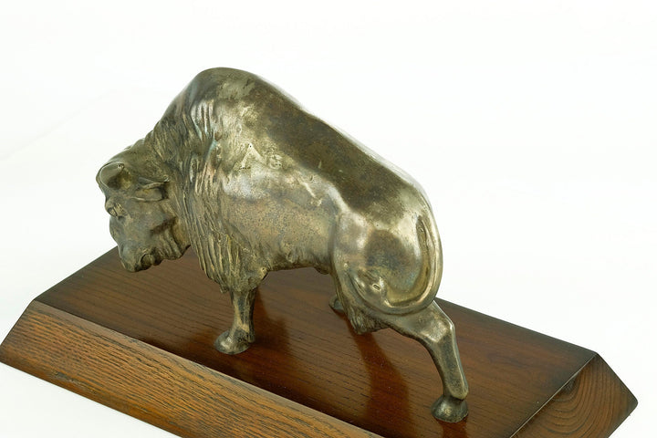 Nickel Plated Bronze Sculpture of a Bison on Wooden Plateau Bronze Bison Statue Art Deco Animal Sculpture Bronze Wildlife Sculpture Hunting