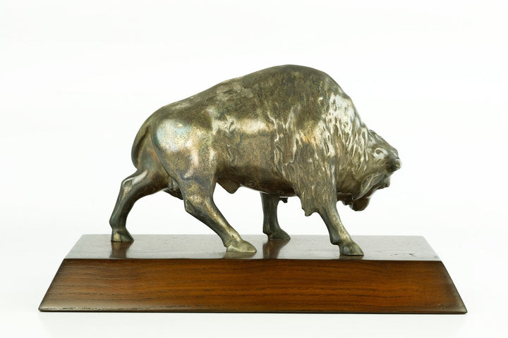 Nickel Plated Bronze Sculpture of a Bison on Wooden Plateau Bronze Bison Statue Art Deco Animal Sculpture Bronze Wildlife Sculpture Hunting