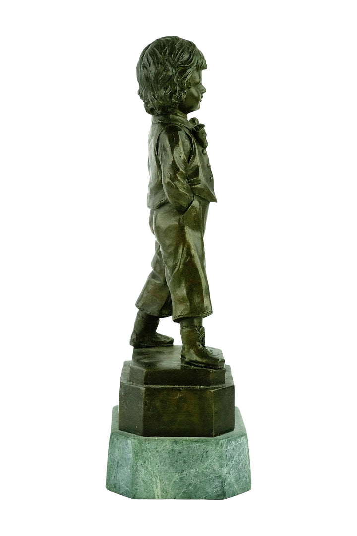 Antique Bronze Sculpture of Schoolboy with Hands in Pockets by R. Buhner