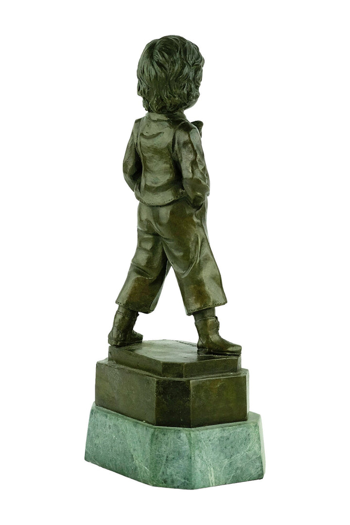Antique Bronze Sculpture of Schoolboy with Hands in Pockets by R. Buhner