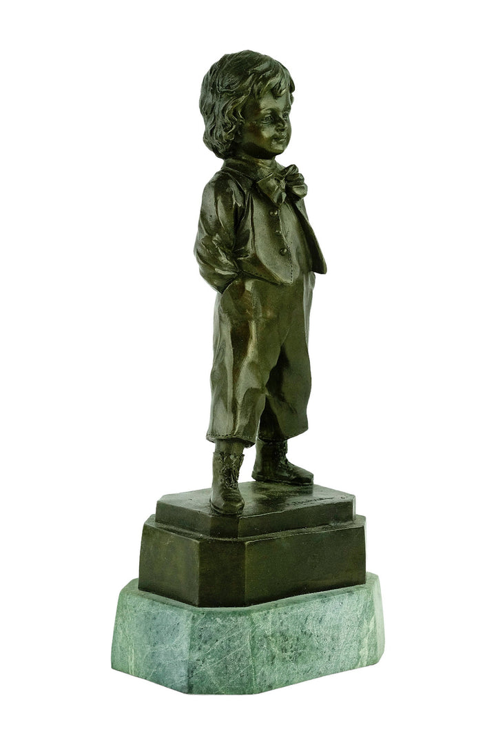 Antique Bronze Sculpture of Schoolboy with Hands in Pockets by R. Buhner