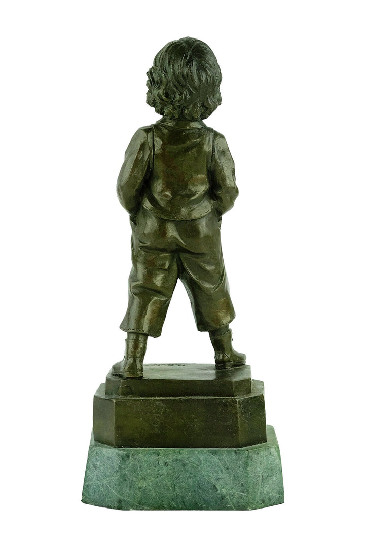 Antique Bronze Sculpture of Schoolboy with Hands in Pockets by R. Buhner
