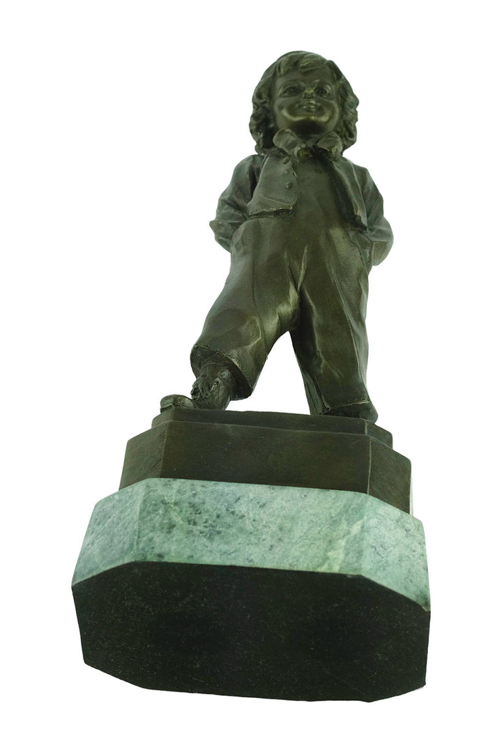 Antique Bronze Sculpture of Schoolboy with Hands in Pockets by R. Buhner