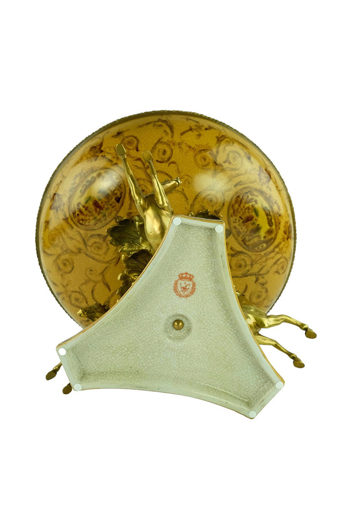 Large Porcelain Centerpiece Carried by Three Bronze Horses Unique Centerpiece Fruit Bowl Art Nouveau Decoration Horse Lovers Gift Tray