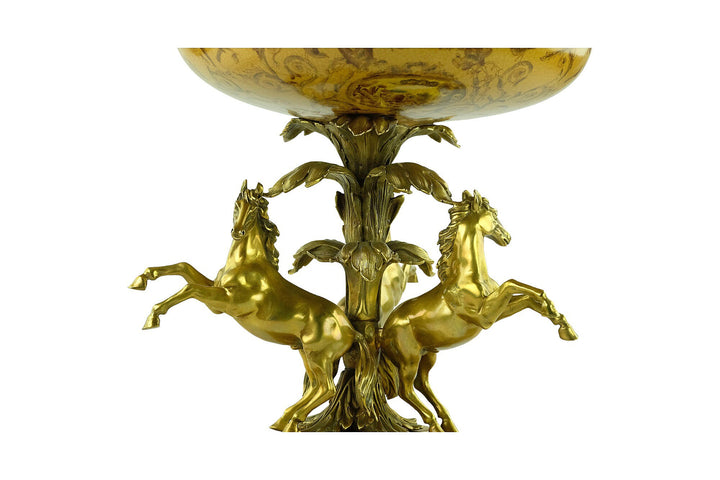 Large Porcelain Centerpiece Carried by Three Bronze Horses Unique Centerpiece Fruit Bowl Art Nouveau Decoration Horse Lovers Gift Tray