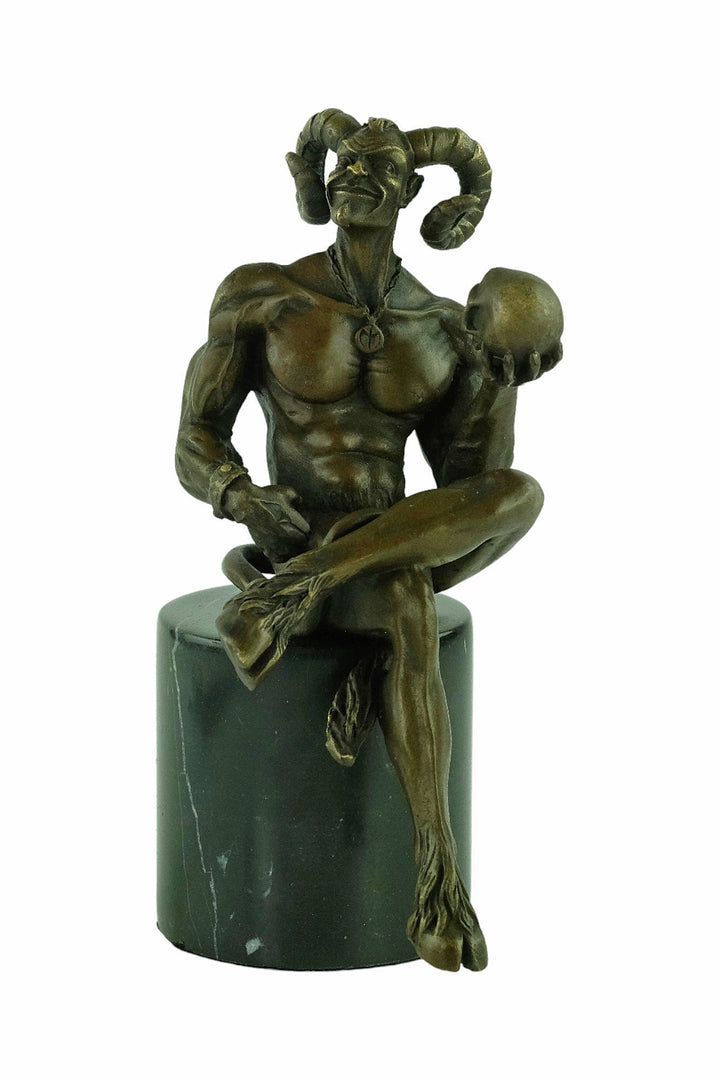Bronze Satyr Holding Skull Sculpture Bronze Mythology Statue Greek Mythology Sculpture Sitting Satyr Bronze Sculpture Signed M. Nick