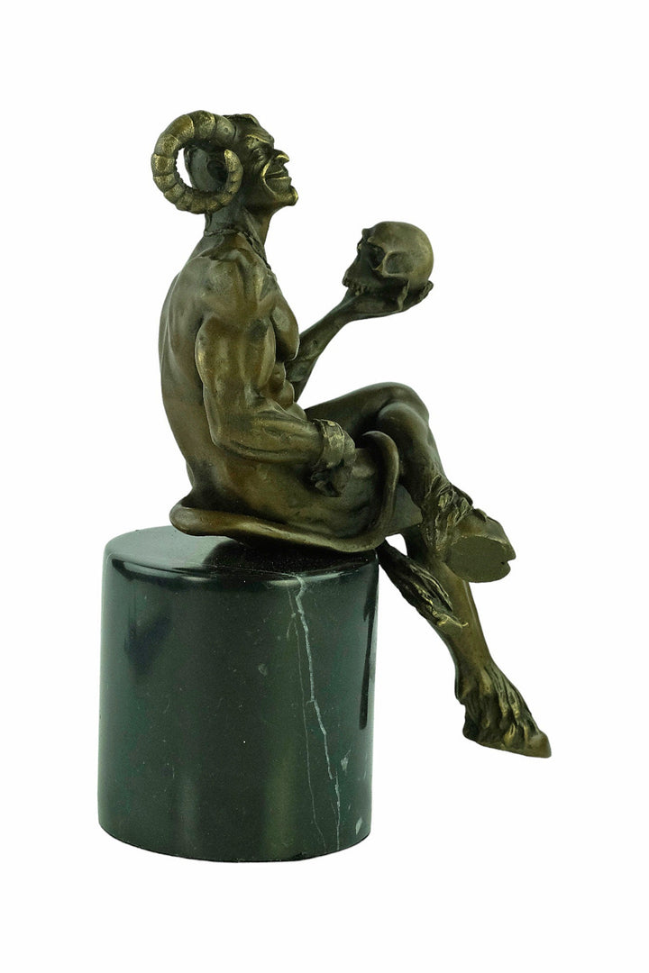 Bronze Satyr Holding Skull Sculpture Bronze Mythology Statue Greek Mythology Sculpture Sitting Satyr Bronze Sculpture Signed M. Nick