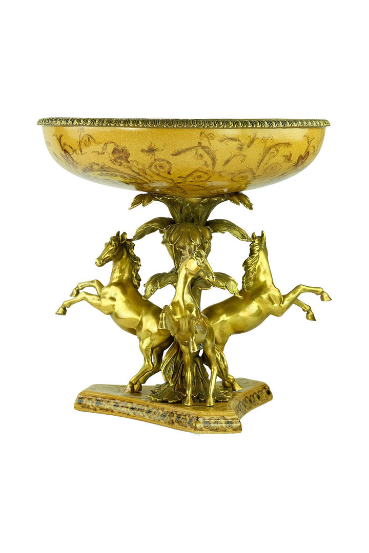 Large Porcelain Centerpiece Carried by Three Bronze Horses Unique Centerpiece Fruit Bowl Art Nouveau Decoration Horse Lovers Gift Tray