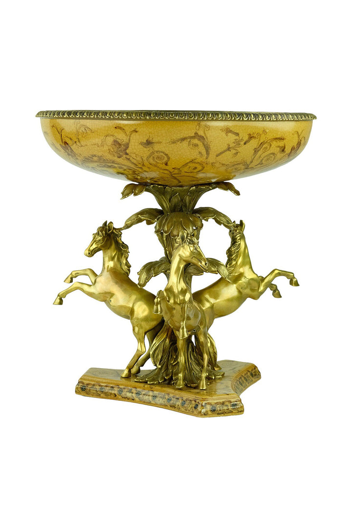 Large Porcelain Centerpiece Carried by Three Bronze Horses Unique Centerpiece Fruit Bowl Art Nouveau Decoration Horse Lovers Gift Tray