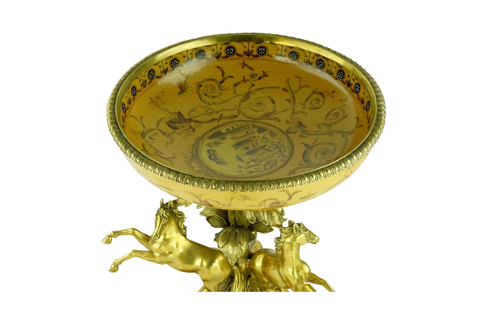 Large Porcelain Centerpiece Carried by Three Bronze Horses Unique Centerpiece Fruit Bowl Art Nouveau Decoration Horse Lovers Gift Tray