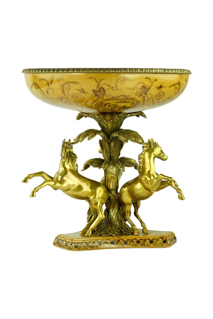 Large Porcelain Centerpiece Carried by Three Bronze Horses Unique Centerpiece Fruit Bowl Art Nouveau Decoration Horse Lovers Gift Tray