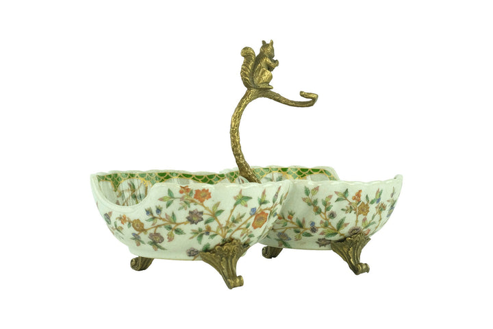 Porcelain Double Tray with Floral Decoration and Bronze Squirrel Unique Centerpiece Porcelain Bowl Jugendstil Art Object Squirrel Decoration
