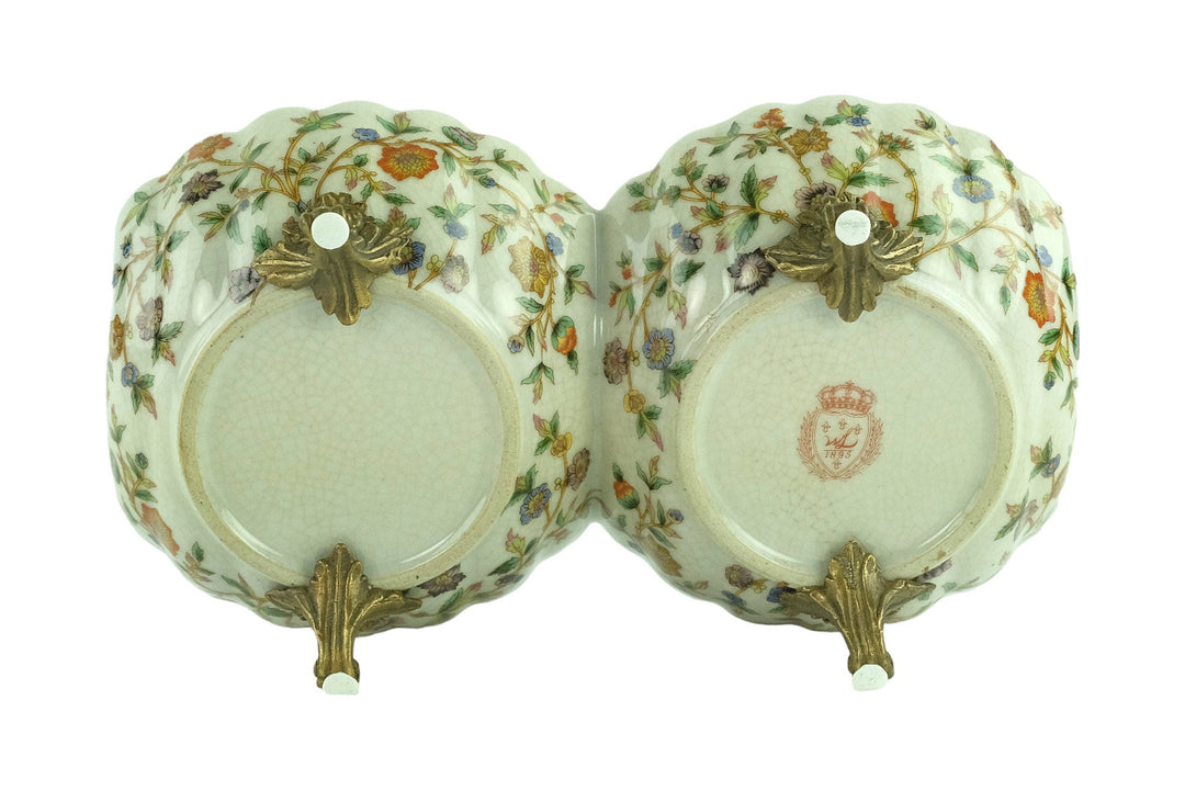 Porcelain Double Tray with Floral Decoration and Bronze Squirrel Unique Centerpiece Porcelain Bowl Jugendstil Art Object Squirrel Decoration