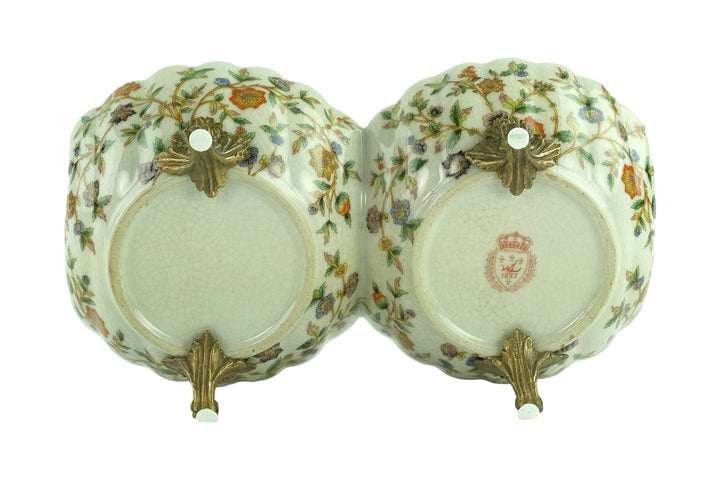 Porcelain Double Tray with Floral Decoration and Bronze Squirrel Unique Centerpiece Porcelain Bowl Jugendstil Art Object Squirrel Decoration