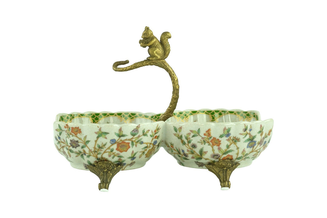 Porcelain Double Tray with Floral Decoration and Bronze Squirrel Unique Centerpiece Porcelain Bowl Jugendstil Art Object Squirrel Decoration
