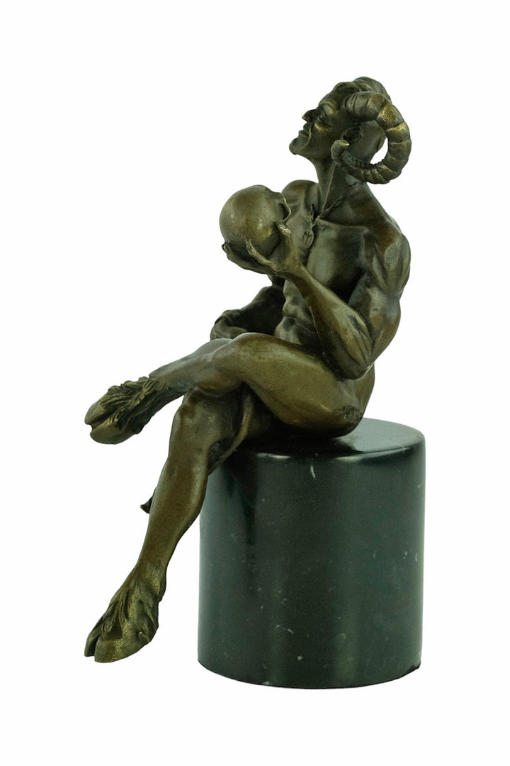 Bronze Satyr Holding Skull Sculpture Bronze Mythology Statue Greek Mythology Sculpture Sitting Satyr Bronze Sculpture Signed M. Nick