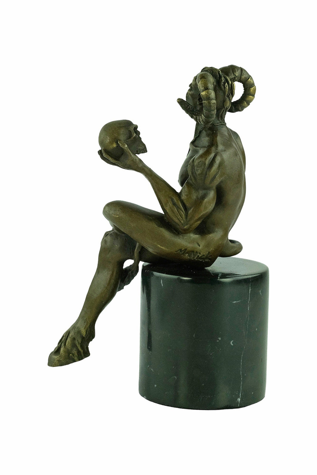 Bronze Satyr Holding Skull Sculpture Bronze Mythology Statue Greek Mythology Sculpture Sitting Satyr Bronze Sculpture Signed M. Nick