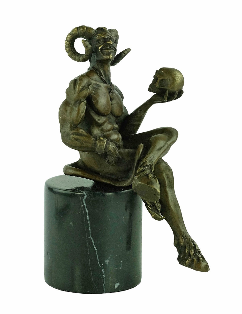 Bronze Satyr Holding Skull Sculpture Bronze Mythology Statue Greek Mythology Sculpture Sitting Satyr Bronze Sculpture Signed M. Nick