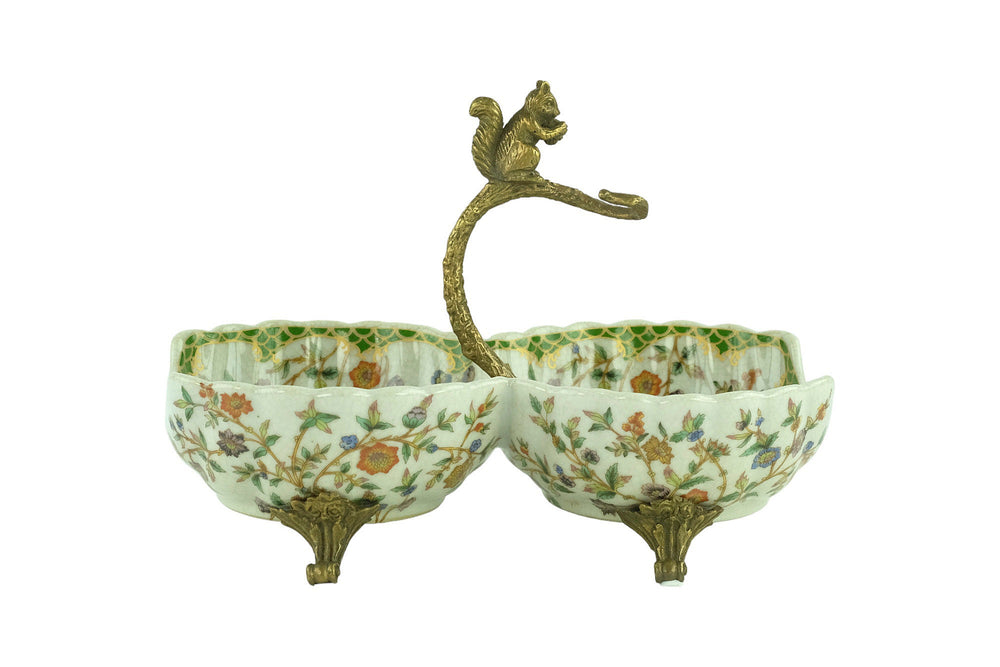 Porcelain Double Tray with Floral Decoration and Bronze Squirrel Unique Centerpiece Porcelain Bowl Jugendstil Art Object Squirrel Decoration