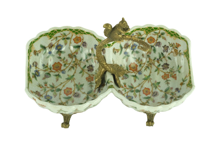 Porcelain Double Tray with Floral Decoration and Bronze Squirrel Unique Centerpiece Porcelain Bowl Jugendstil Art Object Squirrel Decoration