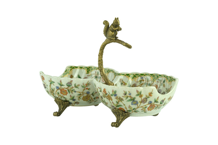 Porcelain Double Tray with Floral Decoration and Bronze Squirrel Unique Centerpiece Porcelain Bowl Jugendstil Art Object Squirrel Decoration