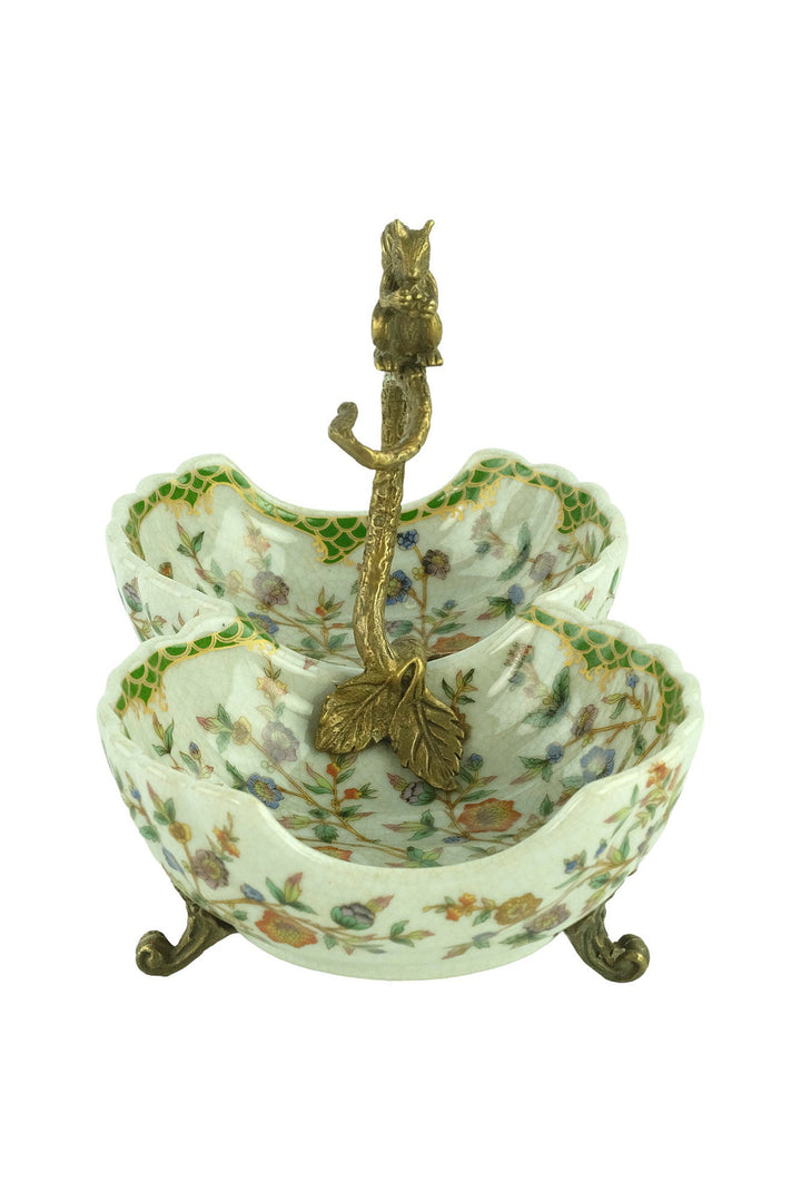 Porcelain Double Tray with Floral Decoration and Bronze Squirrel Unique Centerpiece Porcelain Bowl Jugendstil Art Object Squirrel Decoration