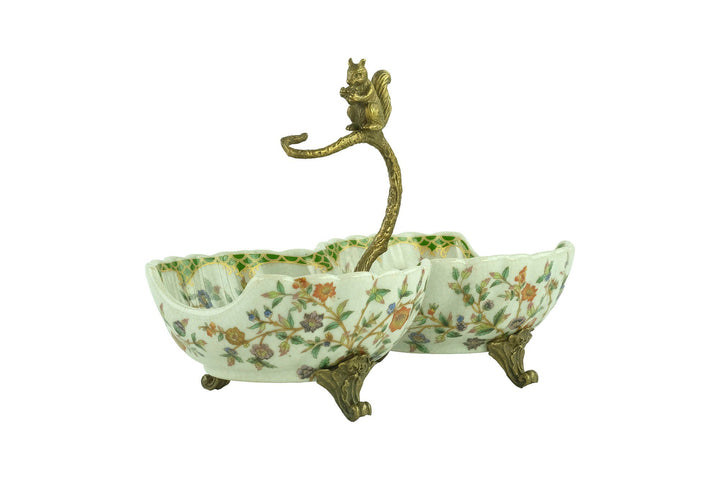 Porcelain Double Tray with Floral Decoration and Bronze Squirrel Unique Centerpiece Porcelain Bowl Jugendstil Art Object Squirrel Decoration